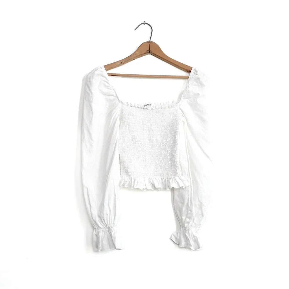 Reformation White‎ Linen Smocked Puff Sleeve Top | Square Neck | Size M